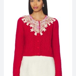Free People NWOT XS Red One Pixie Embroidered Beaded Women's Cardigan